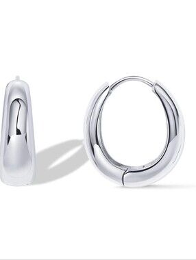 14K White Gold Plated 925 Sterling Silver Post Small Chunky Hoops Earrings